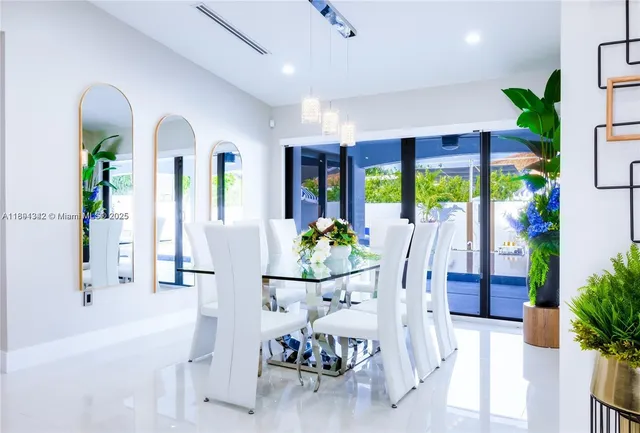a view of a dining room with furniture window and garden view