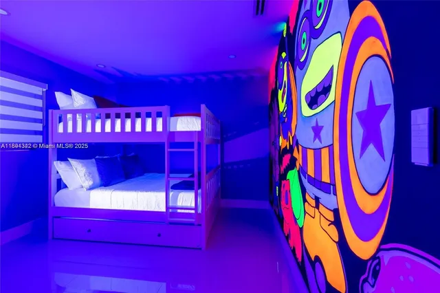 a view of a room with red and white walls