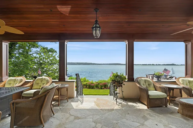 a view of a garden with a lake view