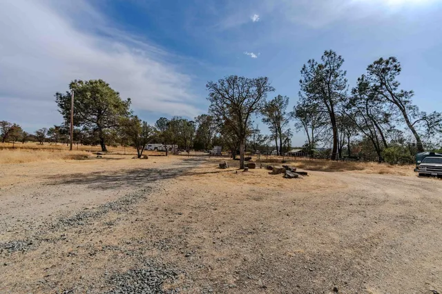 a view of dirt field with trees