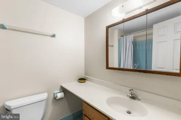 a bathroom with a sink toilet and mirror