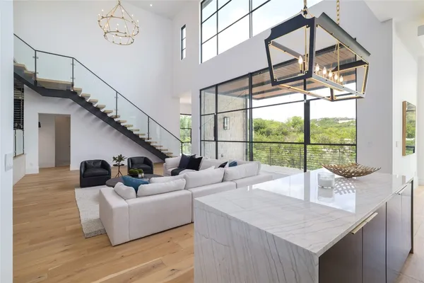 a living room with a couch and a table