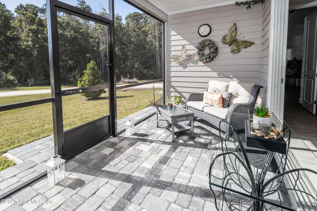 a view of a garage with rack and bicycle