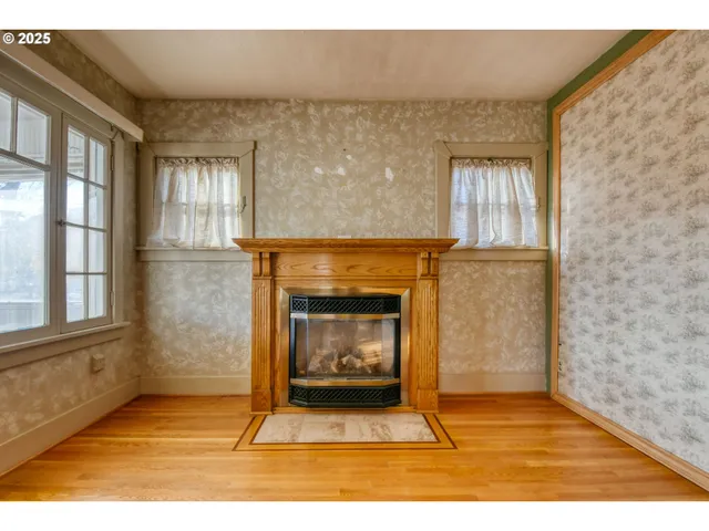 a living room with a fireplace