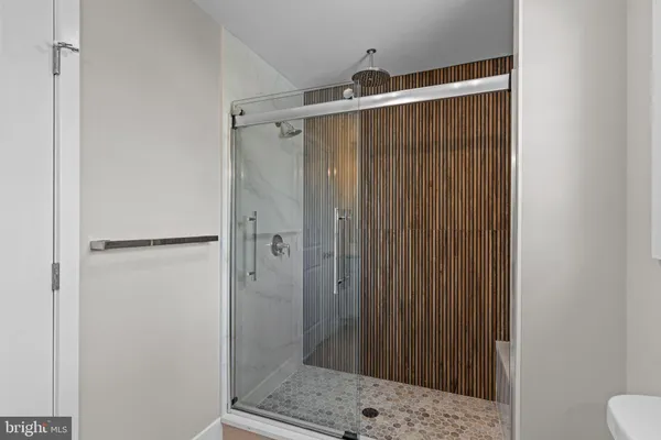 a bathroom with a shower and a toilet