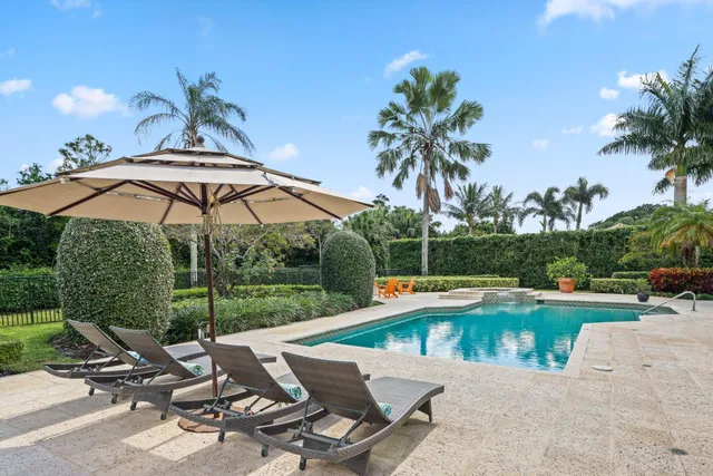 an aerial view of a house with swimming pool and patio