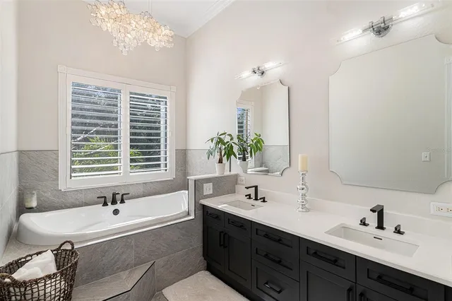 a bathroom with a sink double vanity and tub