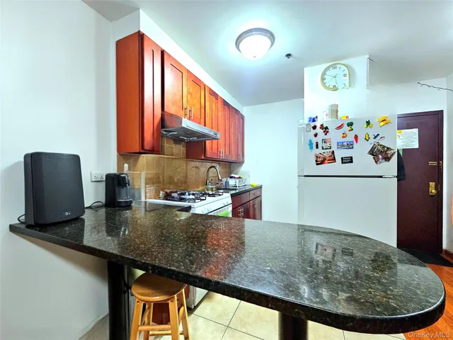 a kitchen with stainless steel appliances granite countertop a sink and a refrigerator