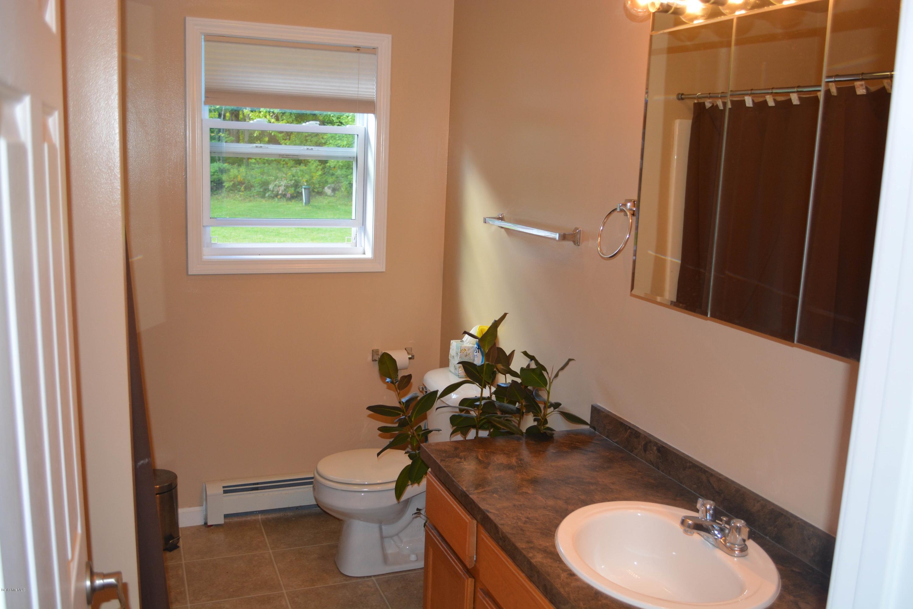 220 Sandisfield Road Sandisfield, MA 01255 - Photo 12 of 30 a bathroom with a granite countertop toilet a sink and a mirror