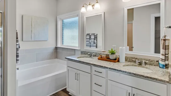 a bathroom with a granite countertop tub sink and mirror