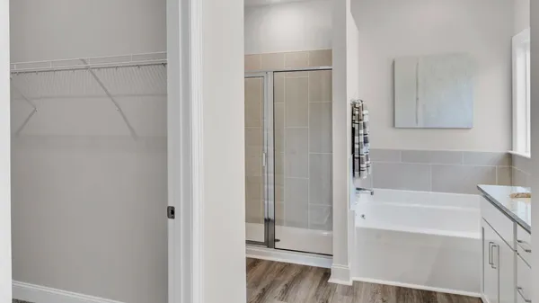a bathroom with a bathtub and a shower