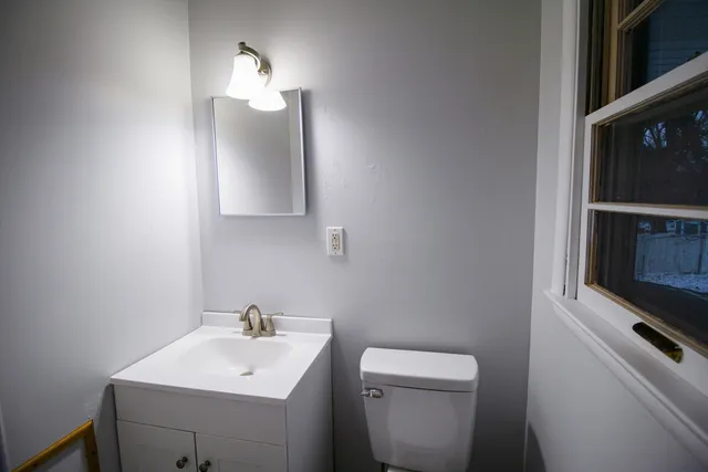 a bathroom with a toilet a sink and mirror