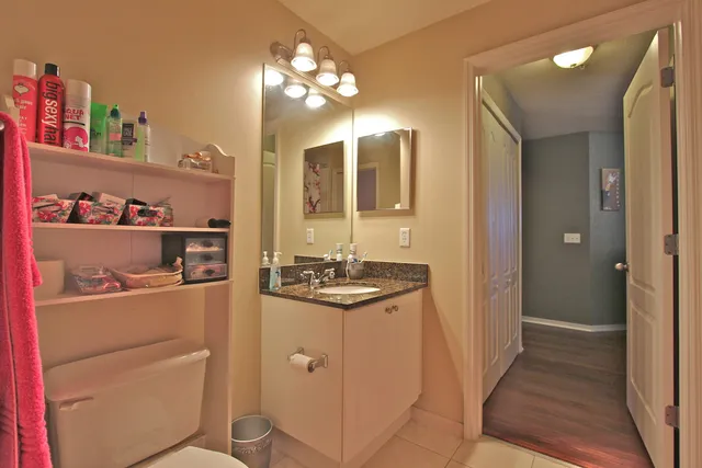 a bathroom with a sink a toilet and a mirror