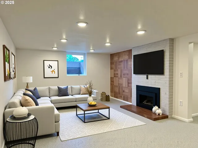 a living room with furniture a flat screen tv and a fireplace