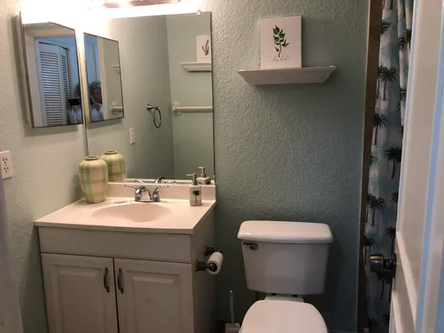 a bathroom with a toilet sink and mirror