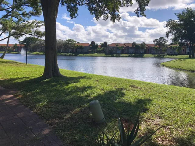 a view of a lake with houses in the background