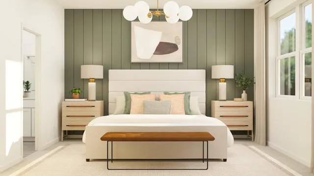 a bedroom with a bed and a painting on the wall