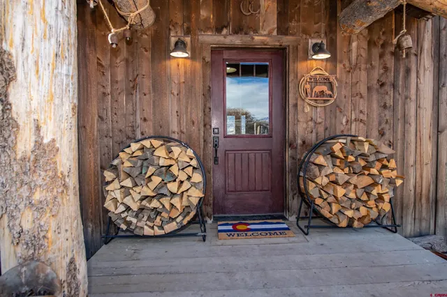 a living room with furniture a fireplace and a floor to ceiling window