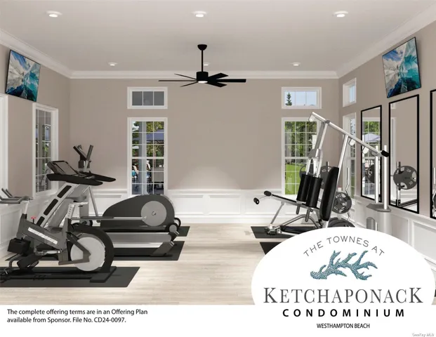 a room with gym equipment and a large window