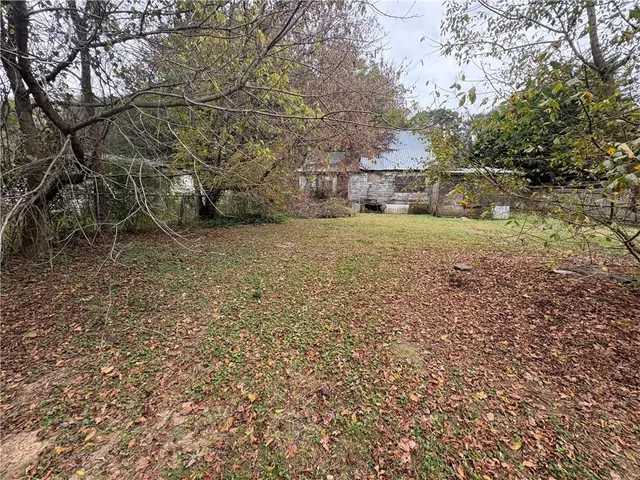 a view of a field with large trees