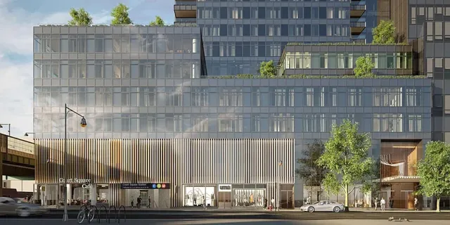 a front view of a building with street