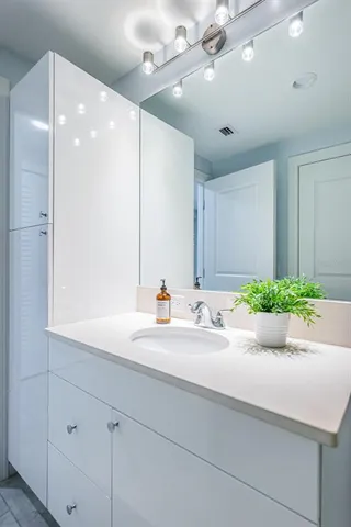 a bathroom with a sink and a mirror