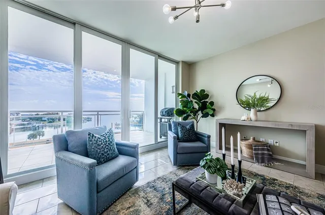 a living room with furniture and a large window