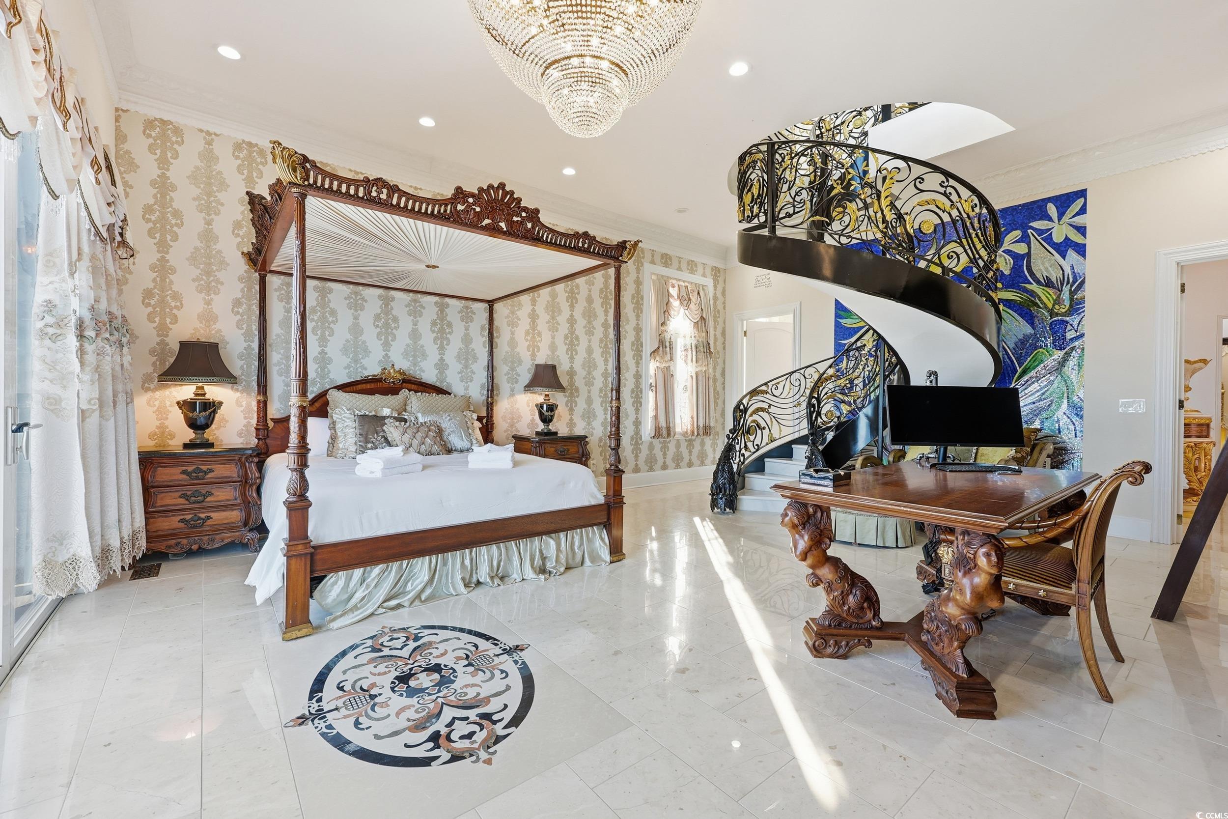 123 Pioneer Loop Georgetown, SC 29440 - Photo 17 of 40 Bedroom featuring ornamental molding, recessed lighting, wallpapered walls, and a chandelier