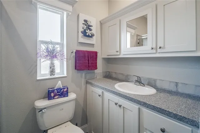 a bathroom with a granite countertop toilet sink and mirror
