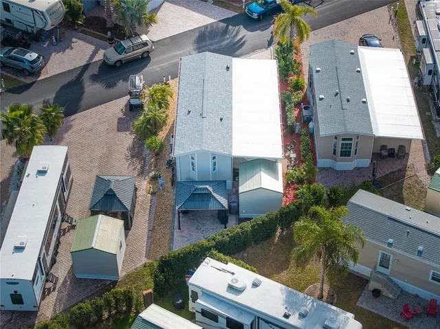 an aerial view of a house with garden