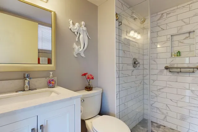 a bathroom with a toilet and shower