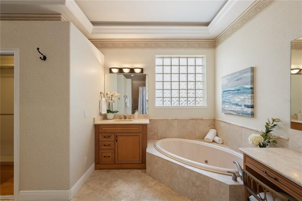8119 Vía Rosa Orlando, FL 32836 - Photo 23 of 62 a bathroom with a granite countertop tub sink and mirror