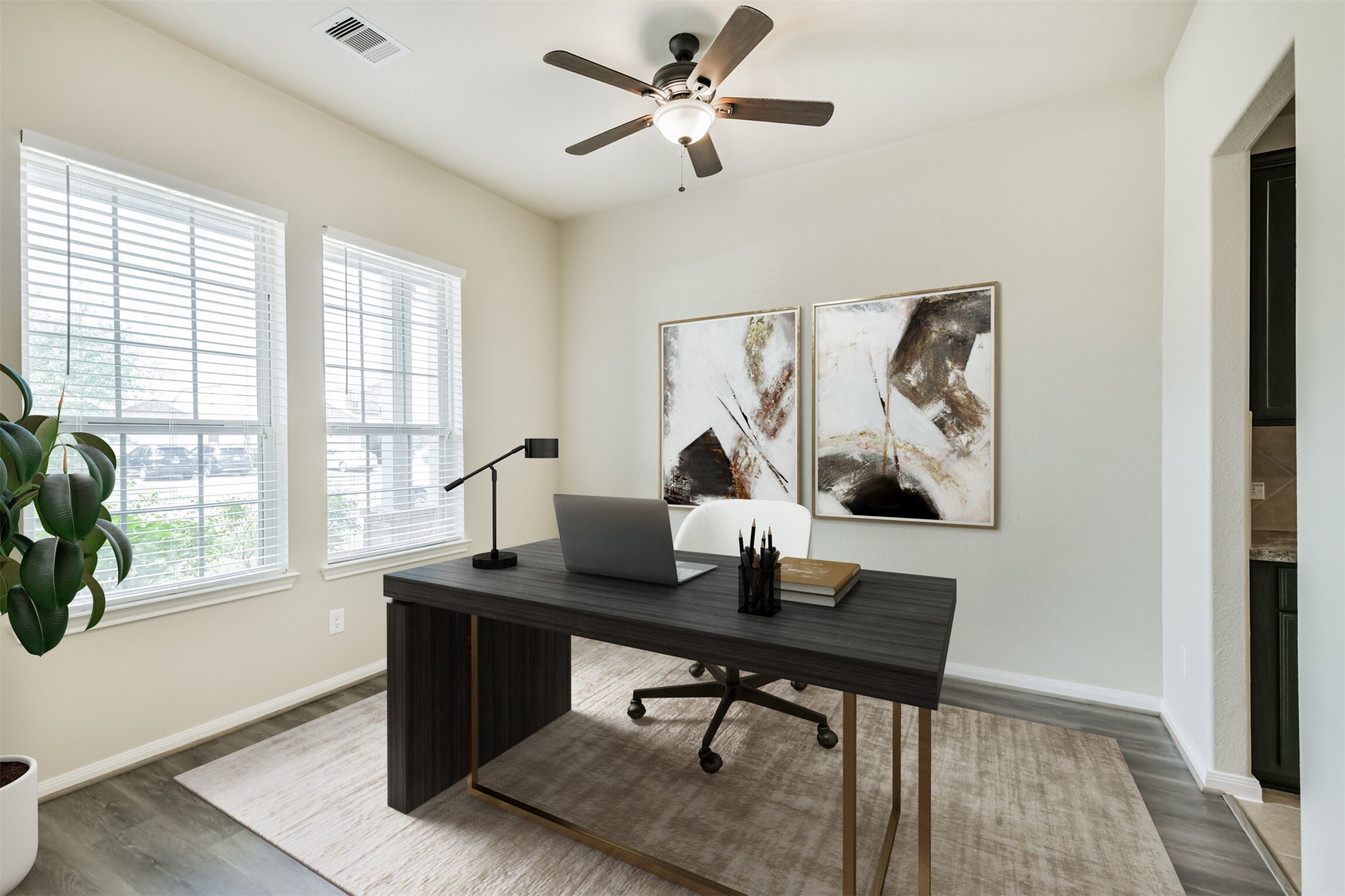 12638 Silver Winter Trail Houston, TX 77014 - Photo 35 of 35 Just Inside the Entry to the Home, There is a Versatile Room that would be Perfect for a Home Office Space with Direct Access for Seeing Clients, Possible Formal Dining, or Formal Living Space! This Photo is Virtually Staged as an Office - but This Room is Part of the Flexible Floorplan!