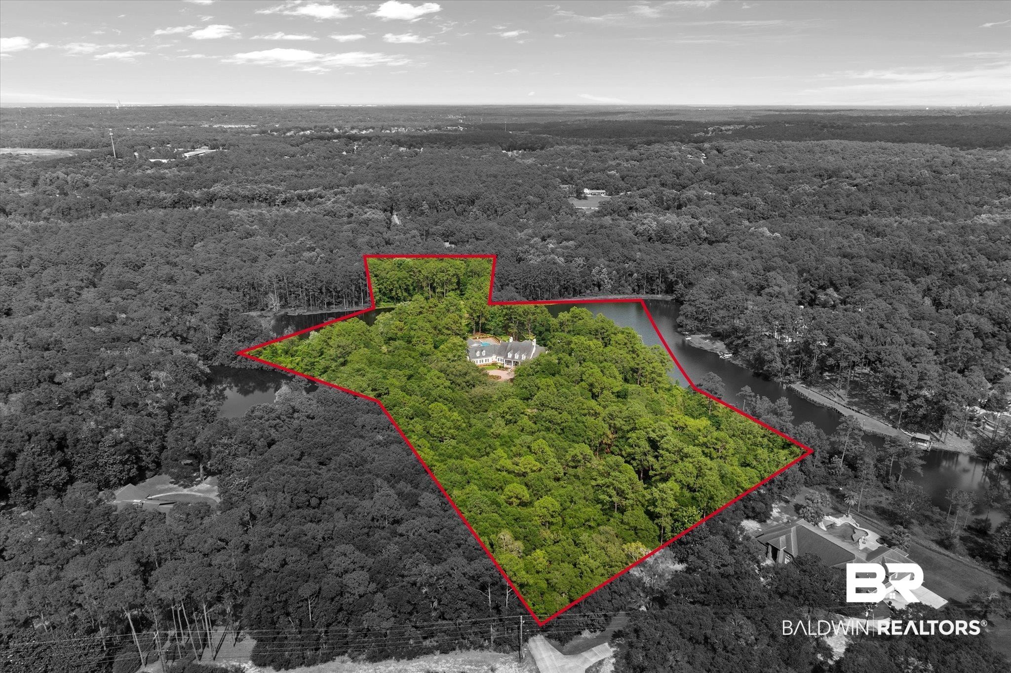 8561 Dawes Lake Road Mobile, AL 36619 - Photo 61 of 63 Aerial view of property and surrounding area with property boundaries highlighted