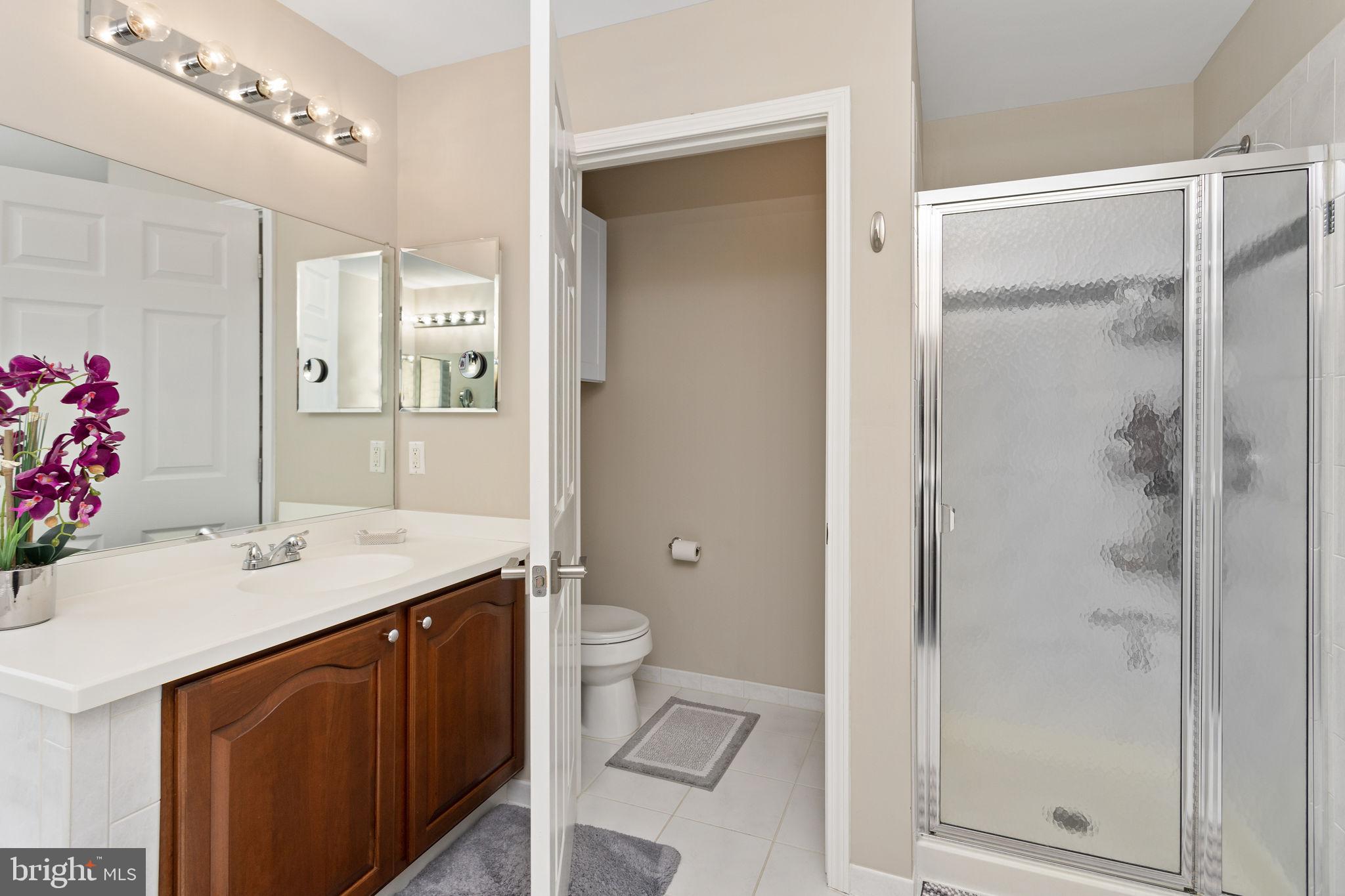 243 Colt Street Pennington, NJ 08534 - Photo 33 of 46 a bathroom with a granite countertop sink a shower and a mirror