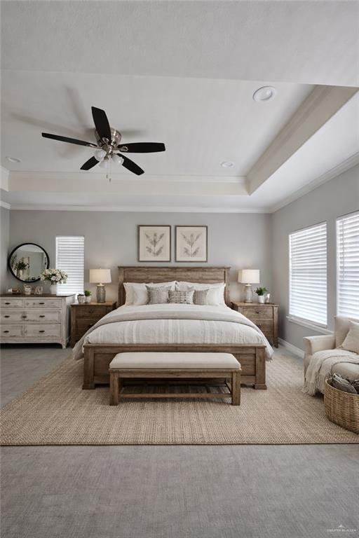 4894 County Road, Unit 2015 Odem, TX 78370 - Photo 8 of 20 Bedroom with ornamental molding, light colored carpet, a raised ceiling, ceiling fan, and recessed lighting