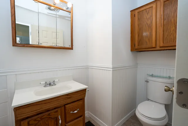 a bathroom with a sink vanity and toilet