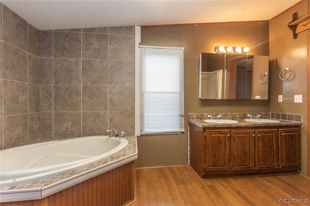 6400 Hair Road Disputanta, VA 23842 - Photo 17 of 30 a bathroom with a granite countertop sink a mirror and a bathtub
