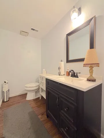 a bathroom with a sink vanity and toilet