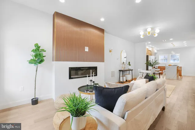 a living room with furniture and a potted plant