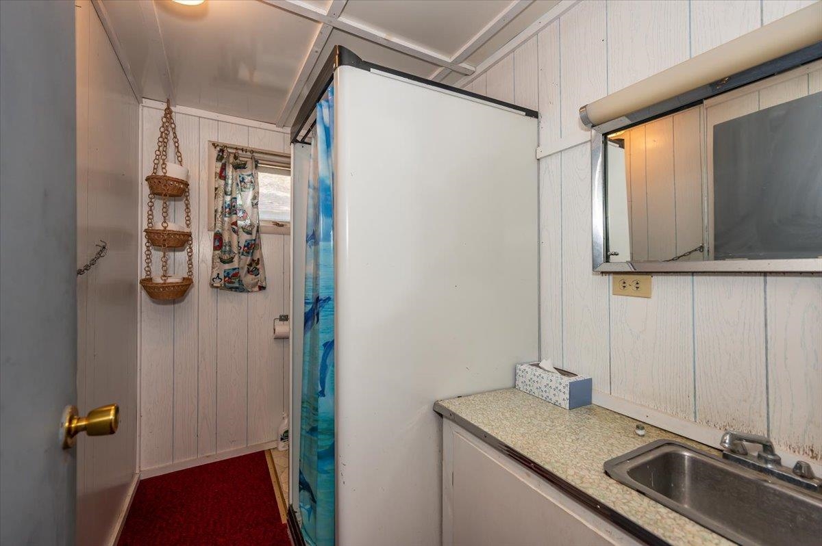 8977 Austin Road Alborn, MN 55702 - Photo 32 of 35 Bathroom featuring wooden walls, vanity, and a shower with curtain