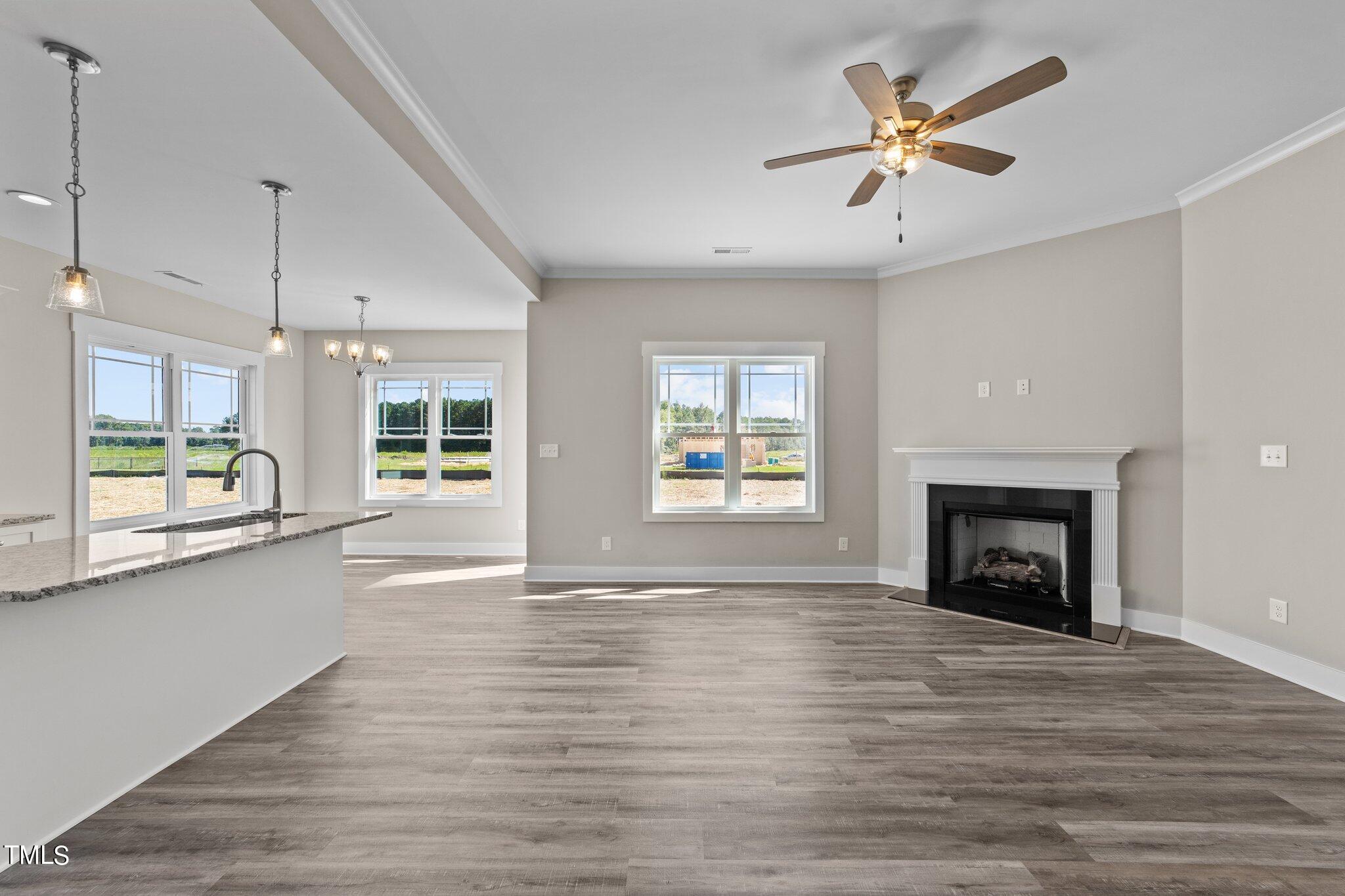 282 Fields Road Pikeville, NC 27863 - Photo 8 of 40 an empty room with windows fireplace and wooden floor