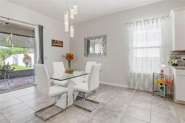 a view of a dining room with furniture window and outside view