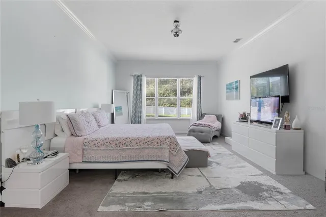 a bedroom with a bed couch tv and window