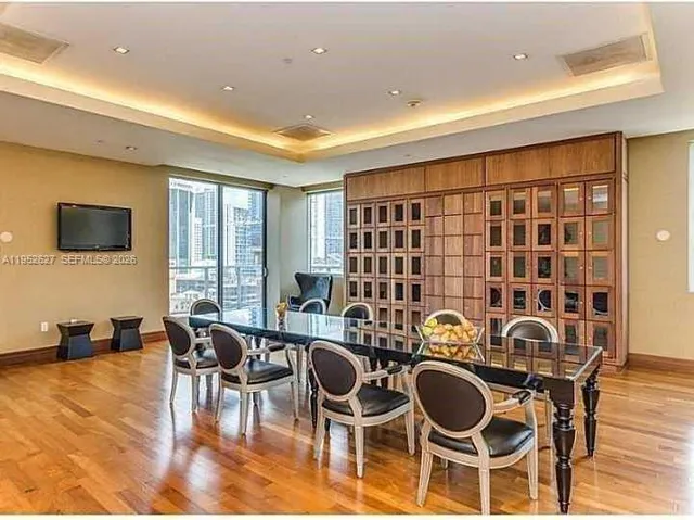 a view of a dining room with furniture