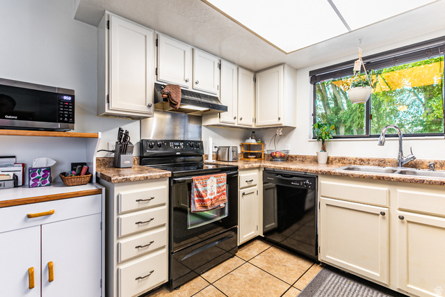 947 Canyon Road, Unit 33 Ogden, UT 84404 - Photo 7 of 19 Kitchen with white cabinetry, black appliances, a double basin sink, and a window