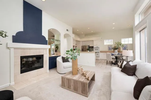 a living room with furniture and a fireplace