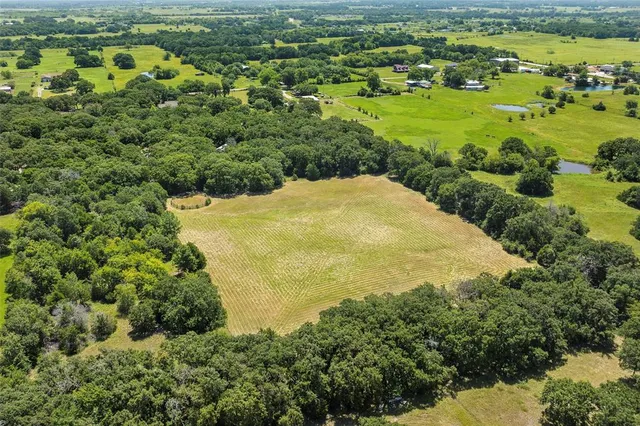 an aerial view of residential houses with outdoor space and trees