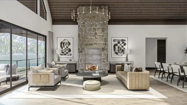 a living room with fireplace furniture and a wooden floor