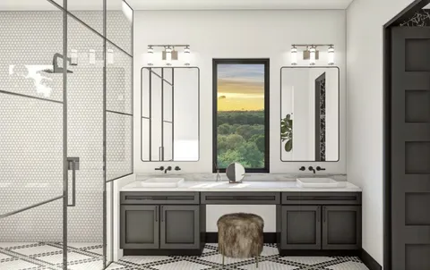 a bathroom with a double vanity sink and a mirror